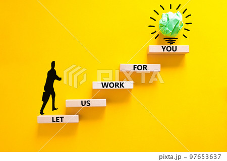 Let us work for you symbol. Concept words Let us work for you on wooden blocks. Businessman icon. Beautiful yellow table yellow background. Business and let us work for you concept. Copy space. Let us work for you symbol. Concept words Let us work for you on wooden blocks. Businessman icon. Beautiful yellow table yellow background. Business and let us work for you concept. Copy space. 97653637