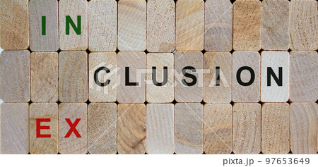 Wooden blocks form the words 'inclusion, exclusion'. Beautiful wooden background. Concept image. 97653649