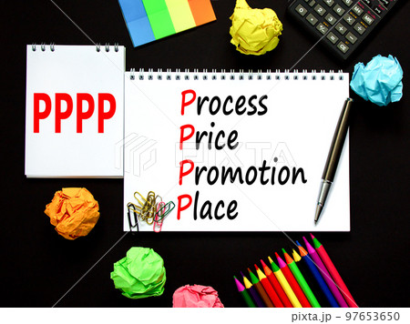 PPPP process price promotion place symbol. Concept words PPPP process price promotion place on the note on beautiful black background. Business and PPPP process price promotion place concept. 97653650