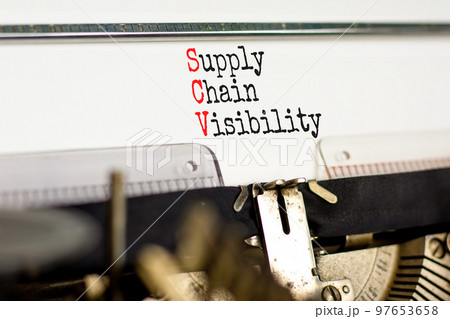 SCV supply chain visibility symbol. Concept words SCV supply chain visibility typed on old retro typewriter. Beautiful white background. Business SCV supply chain visibility concept. Copy space. 97653658
