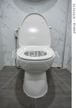 White ceramic flush bowl with open lid in toilet 97654219