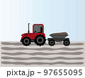 Tractor, red tractor with a trailer rides across the field. Sowing season or Agriculture concept. vector illustration. 97655095