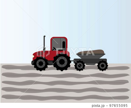 Tractor, red tractor with a trailer rides across the field. Sowing season or Agriculture concept. vector illustration. 97655095