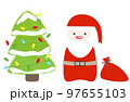 Christmas simple vector. Green Christmasr tree with snow and garland and Santa Claus with red bag 97655103