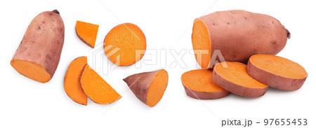 Sweet potato isolated on white background closeup. Top view. Flat lay. Sweet potato isolated on white background closeup. Top view. Flat lay. 97655453