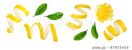 Lemon peel with leaf isolated on white background without a shadow. Healthy food Lemon peel with leaf isolated on white background without a shadow. Healthy food 97655456