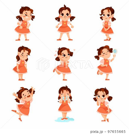 Funny Little Girl in Red Dress Expressing Different Emotion Vector Set 97655665