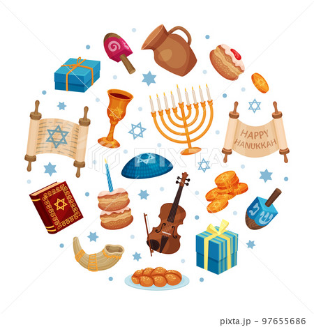 Happy Hanukkah Round Composition with Traditional Jewish Symbols Vector Template 97655686