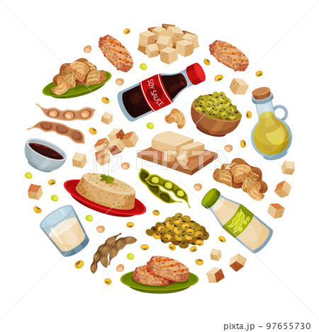 Natural Soy Products Round Composition Design with Soy Bean, Tofu and Sauce Vector Template 97655730