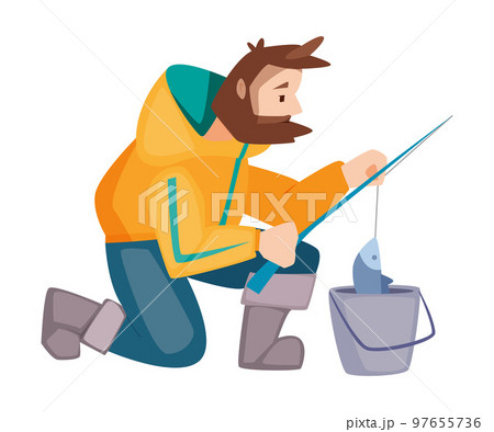 Bearded Fisherman Capturing Fish with Rod and Bucket Vector Illustration 97655736