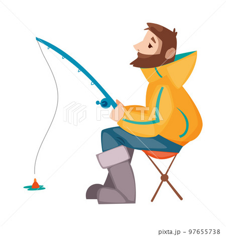 Bearded Fisherman Sitting on Chair and Capturing Fish with Rod Vector Illustration 97655738