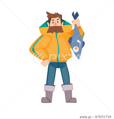 Bearded Fisherman in Rubber Boots Holding Huge Fish Vector Illustration 97655739