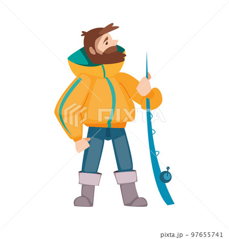 Bearded Fisherman Standing with Rod Engaged in Capturing Fish Vector Illustration 97655741