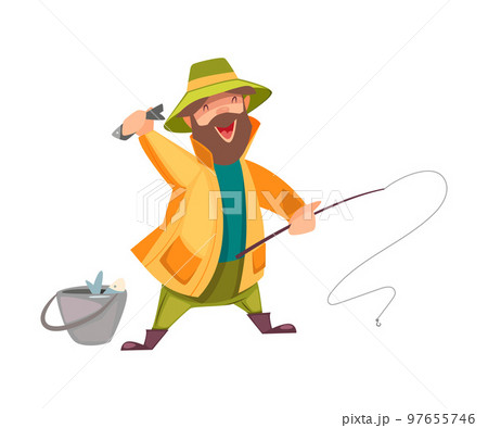 Bearded Fisherman Capturing Fish with Rod and Bucket Vector Illustration 97655746