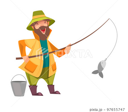 Bearded Fisherman Capturing Fish with Rod and Bucket Vector Illustration 97655747