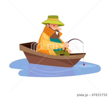 Bearded Fisherman Sailing on Boat and Capturing Fish with Rod Vector Illustration 97655750