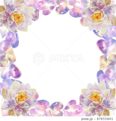 Light pink hearts and water lily flowers frame watercolor painting with copy space for decoration on Valentine's day 97655841