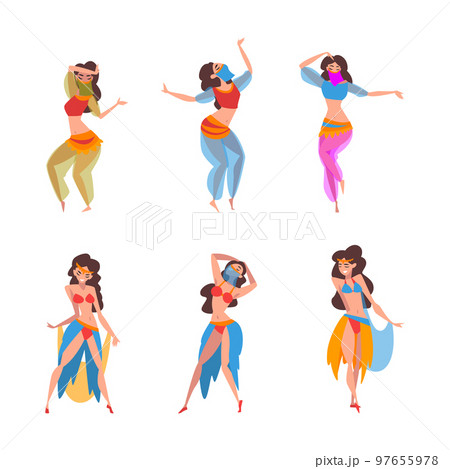 Beautiful Eastern Woman Dancing Belly Dance Vector Set 97655978