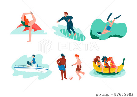 People Characters at Sea Shore and Beach Enjoying Summertime Rest Vector Set 97655982