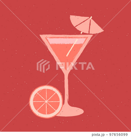 Margarita with grapefruit and umbrella. Flat vector retro style with texture 97656099