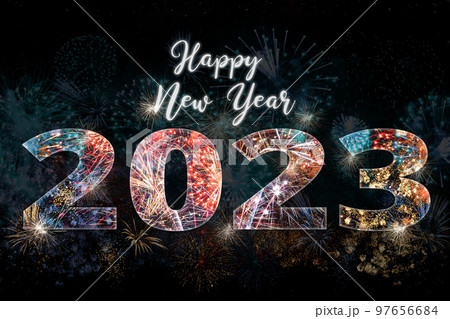 Happy New Year Card 2023 with firework explosions Happy New Year Card 2023 with firework explosions 97656684