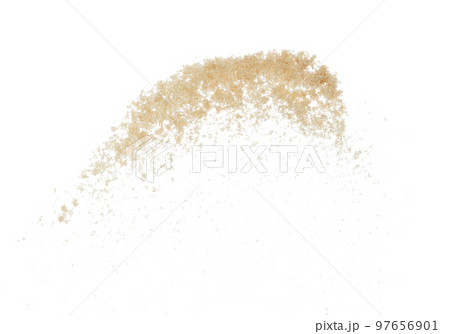 Brown Sugar flying explosion, brown grain sugar explode abstract cloud fly. Beautiful complete seed sugarcane splash in air, food object design. Selective focus freeze shot white background isolated 97656901