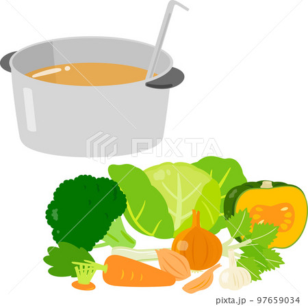 野菜ブイヨンの食材とスープが入った鍋 野菜ブイヨンの食材とスープが入った鍋 97659034