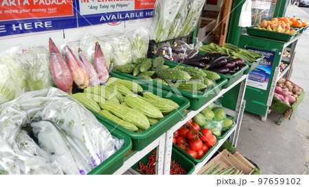 ロンドン市内の歩道に並べられた野菜|コロナ前|イギリス ロンドン市内の歩道に並べられた野菜|コロナ前|イギリス 97659102