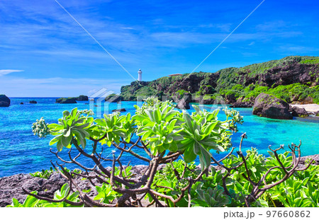 沖縄県宮古島。熱帯植物と真夏の東平安名崎の風景 97660862