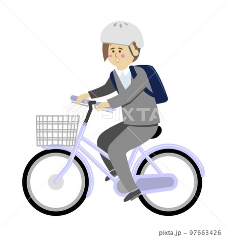 ヘルメットを着用し自転車に乗る女性会社員のイラストイメージ 97663426