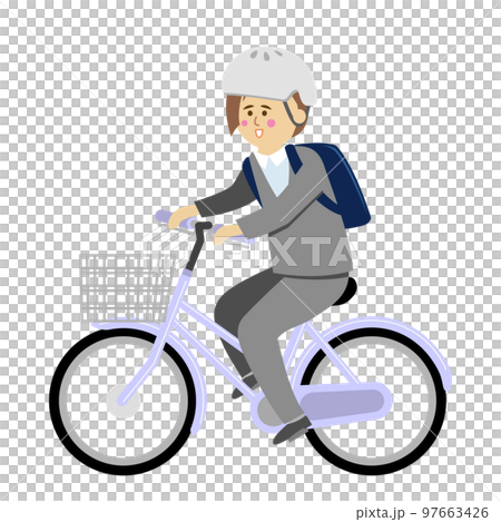 Illustration image of a female office worker wearing a helmet and riding a bicycle 97663426