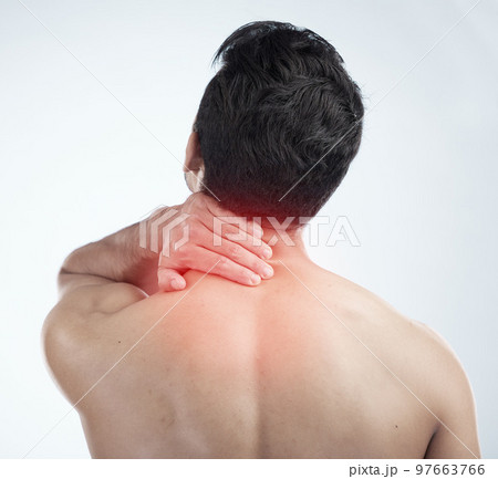 Man, hands or body neck pain and glow on studio background in exercise, workout or training stress, tension or 3d muscle crisis. Injury, sports athlete or fitness person in first aid burnout 97663766