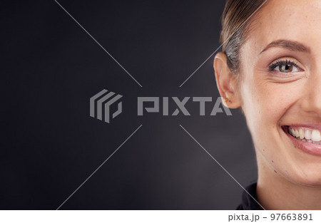 Skincare, portrait or woman in studio with a happy smile after facial grooming routine isolated on black background. Beauty glow, face or girl model smiling with marketing or advertising mockup space Skincare, portrait or woman in studio with a happy smile after facial grooming routine isolated on black background. Beauty glow, face or girl model smiling with marketing or advertising mockup space 97663891
