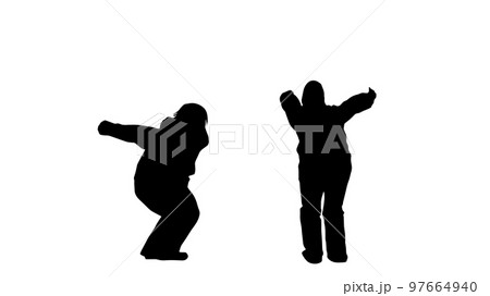 飛ぼうとしている2人の女性シルエット_白背景ワイド 飛ぼうとしている2人の女性シルエット_白背景ワイド 97664940