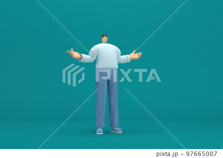 cartoon character wearing jeans and long shirt. He is expression of body and hand when talking. 3d rendering in acting. cartoon character wearing jeans and long shirt. He is expression of body and hand when talking. 3d rendering in acting. 97665007