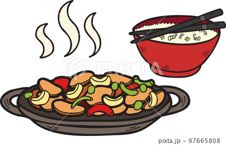 Hand Drawn Rice with Fried Vegetables Chinese and Japanese food illustration Hand Drawn Rice with Fried Vegetables Chinese and Japanese food illustration 97665808
