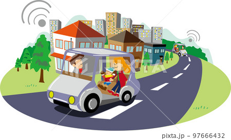 自動運転車が走る緑豊かな都市近郊のまちのイラスト 97666432