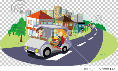 自動運転車が走る緑豊かな都市近郊のまちのイラスト 97666432