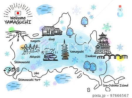 冬の山口県の観光地のシンプル線画イラストマップ 97666567