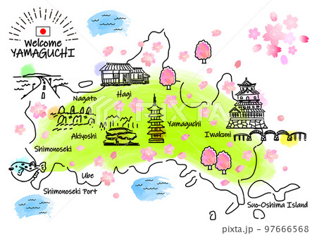 春の山口県の観光地のシンプル線画イラストマップ 春の山口県の観光地のシンプル線画イラストマップ 97666568