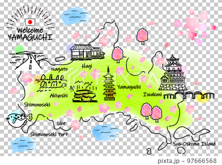 春の山口県の観光地のシンプル線画イラストマップ 春の山口県の観光地のシンプル線画イラストマップ 97666568