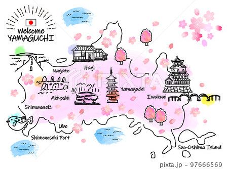 春の山口県の観光地のシンプル線画イラストマップ(ピンク） 97666569