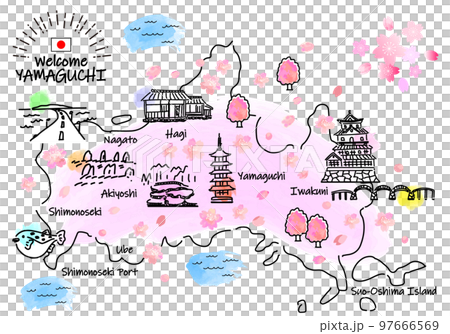 春の山口県の観光地のシンプル線画イラストマップ(ピンク） 97666569