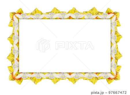 Watercolor hand drawn square frame with spring flowers, daffodils, snowdrops, branches, leaves. Isolated on white background. Design for invitations, wedding, greeting cards, wallpaper, print, textile Watercolor hand drawn square frame with spring flowers, daffodils, snowdrops, branches, leaves. Isolated on white background. Design for invitations, wedding, greeting cards, wallpaper, print, textile 97667472