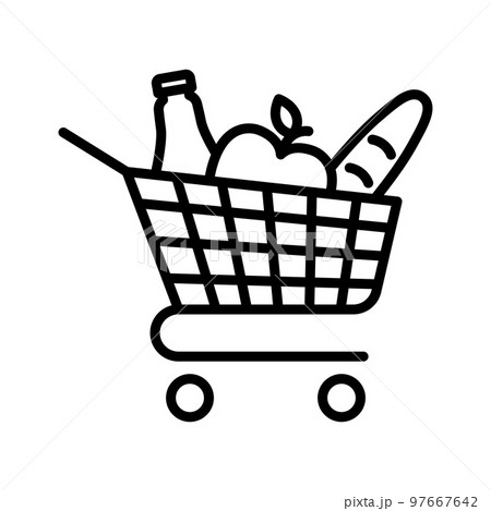 Full grocery shopping cart. Shop trolley with food. Online shopping. Order online. 97667642