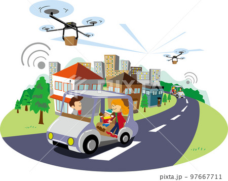 ドローンが空を飛び、自動運転車が走る、持続可能な社会を推進した未来のまちのイラスト 97667711