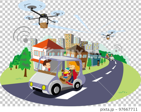 ドローンが空を飛び、自動運転車が走る、持続可能な社会を推進した未来のまちのイラスト 97667711