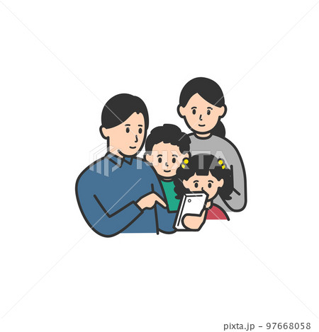 携帯電話を見る家族4人のイラスト 携帯電話を見る家族4人のイラスト 97668058