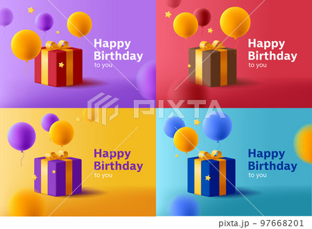 Set of cards with gift box illustration with round balloons in different colors 97668201