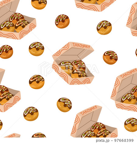 Takoyaki seamless pattern. Asian food background. Perfect for restaurant cafe and print menus. Vector hand draw cartoon illustration. 97668399